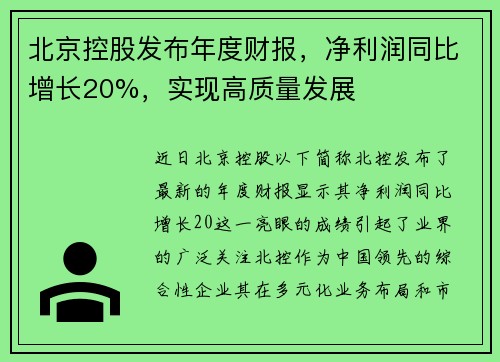 北京控股发布年度财报，净利润同比增长20%，实现高质量发展